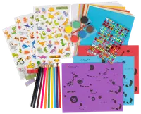 Kunstsæt til børn med farveblyanter, dyre- og dinosaurklistermærker, maling, farvet papir, juvelklistermærker og tegneark med dyremotiver. Perfekt til kreative aktiviteter.