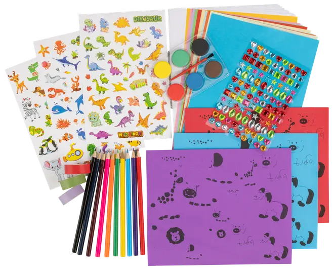 Kunstsæt til børn med farveblyanter, dyre- og dinosaurklistermærker, maling, farvet papir, juvelklistermærker og tegneark med dyremotiver. Perfekt til kreative aktiviteter.