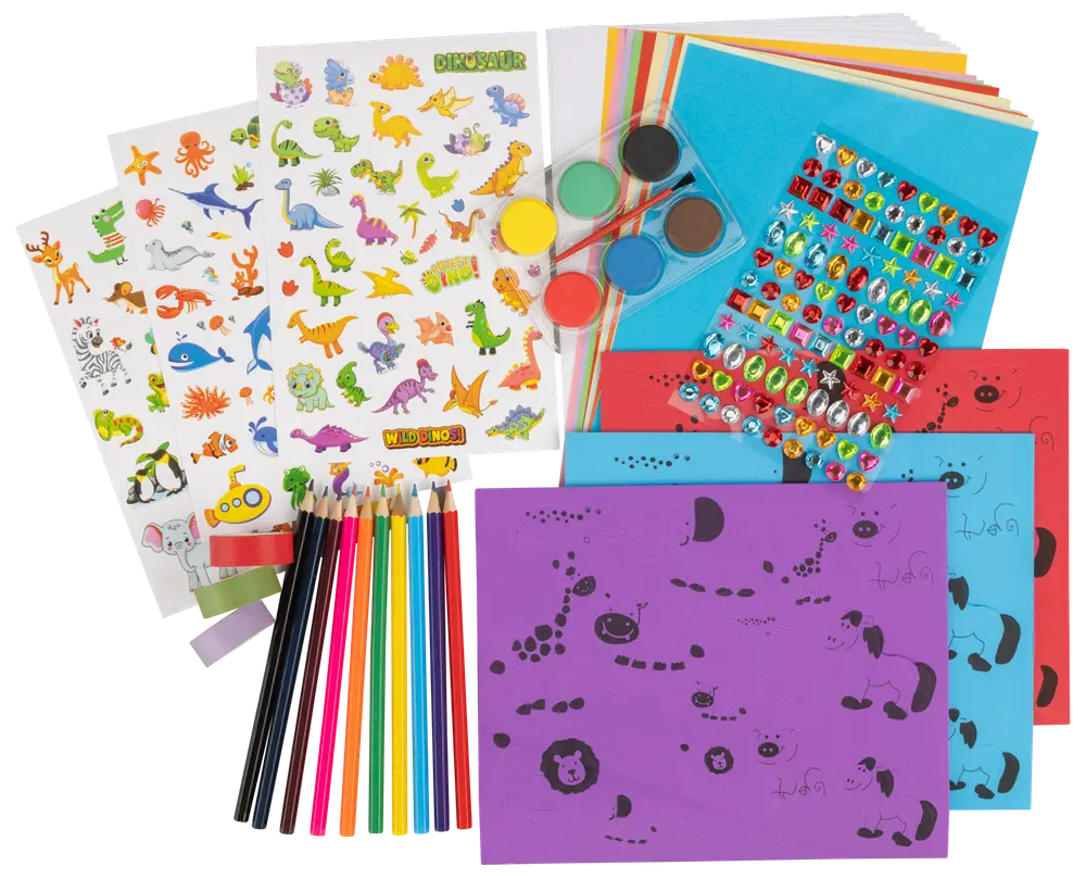 Kunstsæt til børn med farveblyanter, dyre- og dinosaurklistermærker, maling, farvet papir, juvelklistermærker og tegneark med dyremotiver. Perfekt til kreative aktiviteter.