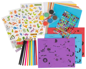 Kunstsæt til børn med farveblyanter, dyre- og dinosaurklistermærker, maling, farvet papir, juvelklistermærker og tegneark med dyremotiver. Perfekt til kreative aktiviteter.