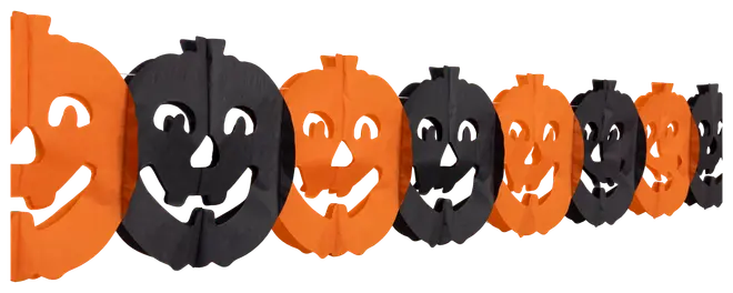 Papirguirlande med skiftevis orange og sorte græskarhoveder med udskårne øjne, næse og mund. Perfekt til Halloween pynt. Let og sammenfoldelig til ophængning.