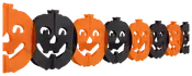 Papirguirlande med skiftevis orange og sorte græskarhoveder med udskårne øjne, næse og mund. Perfekt til Halloween pynt. Let og sammenfoldelig til ophængning.