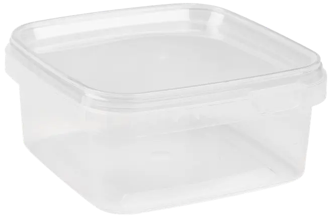 Klar, fyrkantig plastmatlåda med tättslutande lock. Perfekt för förvaring av rester, matförberedelse eller organisering i skafferiet. Tål diskmaskin, mikro och frys.