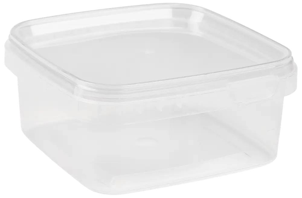 Klar, fyrkantig plastmatlåda med tättslutande lock. Perfekt för förvaring av rester, matförberedelse eller organisering i skafferiet. Tål diskmaskin, mikro och frys.