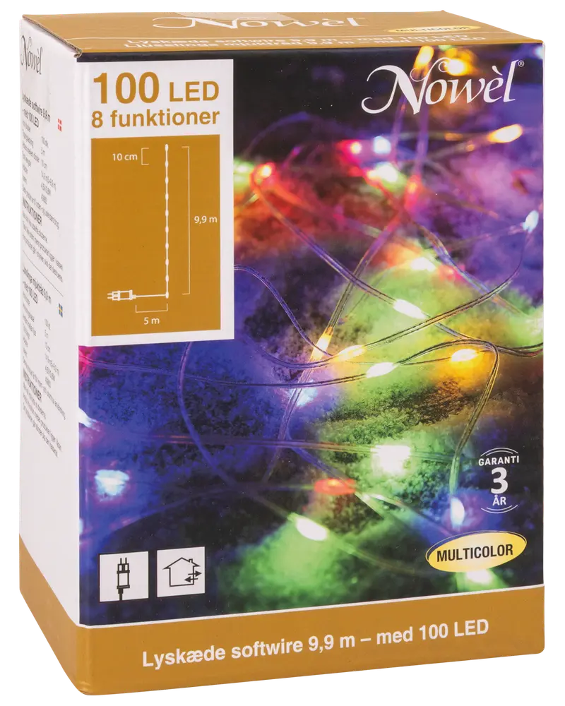 Nowel multicolor LED-ljusslinga, 9,9 meter lång, 100 LED-lampor, 8 funktioner, för inomhusbruk, 3 års garanti, drivs med stickkontakt.