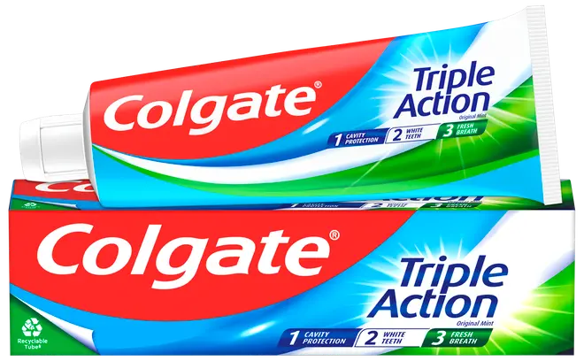 Colgate Triple Action tandpasta, original mintsmag, i genanvendelig tube. Giver beskyttelse mod huller, hvidere tænder og frisk ånde. Rød, blå og grøn emballage med tydeligt logo.