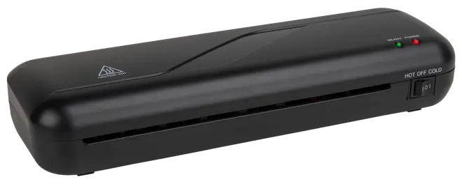 Svart lamineringsmaskin med slimmad design, frontmatning, strömbrytare och indikatorlampor för klar och ström. Passar för varm- och kallaminering av dokument.