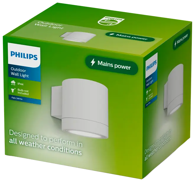 Philips udendørs væglampe, hvid, tilsluttes elnettet, IP44 vejrbestandig. Pære medfølger ikke. Moderne cylinderdesign. Kassen viser produktbillede.