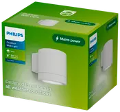 Philips udendørs væglampe, hvid, tilsluttes elnettet, IP44 vejrbestandig. Pære medfølger ikke. Moderne cylinderdesign. Kassen viser produktbillede.