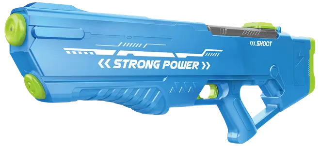 Blå plastik vandpistol med grønne detaljer, mærket 'Strong Power'. Ergonomisk greb, aftrækker og topfyldt vandbeholder. Velegnet til udendørs leg for børn og voksne.