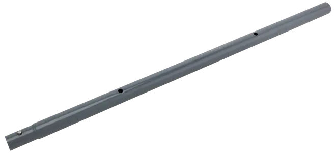 Grå metallförlängningsstång, cylindrisk form, med jämnt placerade hål för justerbar längd. Passar till kompatibla verktyg eller städutrustning. Slät och lätt.