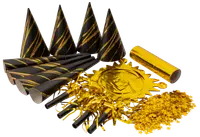 Festenset med svarta och guldiga hattar, tutor, foliehorn, bullermakare, konfetti och guldfärgad fransdekoration. Perfekt för nyårsafton eller fest.