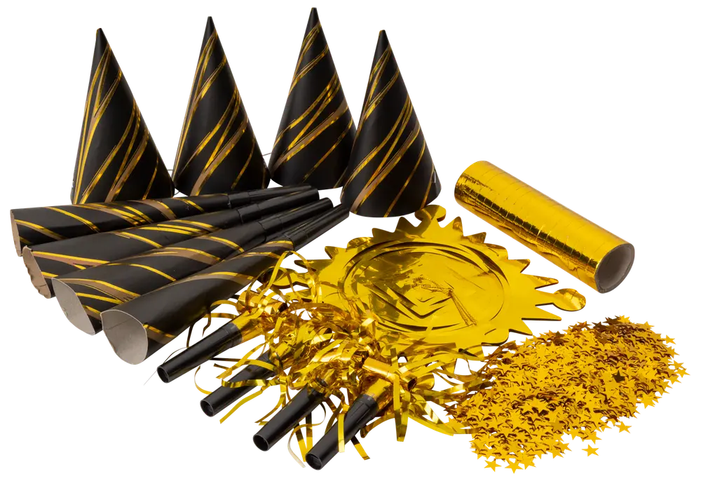 Festenset med svarta och guldiga hattar, tutor, foliehorn, bullermakare, konfetti och guldfärgad fransdekoration. Perfekt för nyårsafton eller fest.