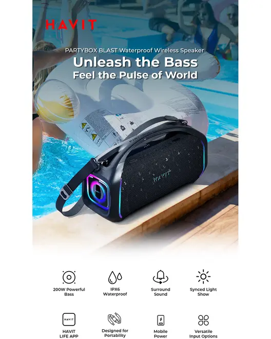 Bærbar sort trådløs højttaler med rem, LED-lys, vandtæt design, 200W bas, surround sound og flere indgange. Perfekt til udendørs brug og poolfester.