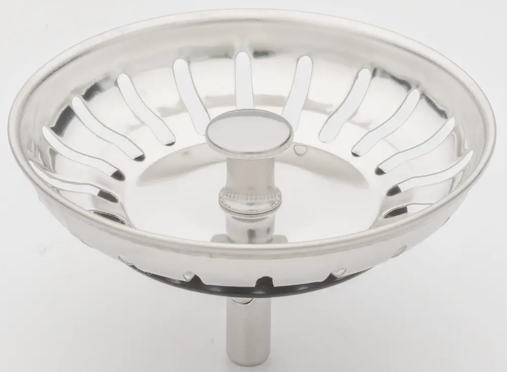 Diskho-sil i rostfritt stål med slitsad design, mittknopp för enkel borttagning, passar standardavlopp, förhindrar stopp, hållbar och lätt att rengöra.