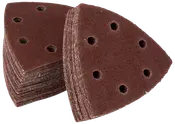 Stak af trekantede slibeark med seks huller, brun slibeflade, designet til detaljeslibere. Velegnet til slibning af træ, metal eller plast. Pakken indeholder flere ark.