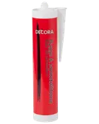Rød og hvid tube Decora bygge- og sanitetsilikone med dyse til præcis påføring. Velegnet til fugning i badeværelser, køkkener og andre byggeprojekter.