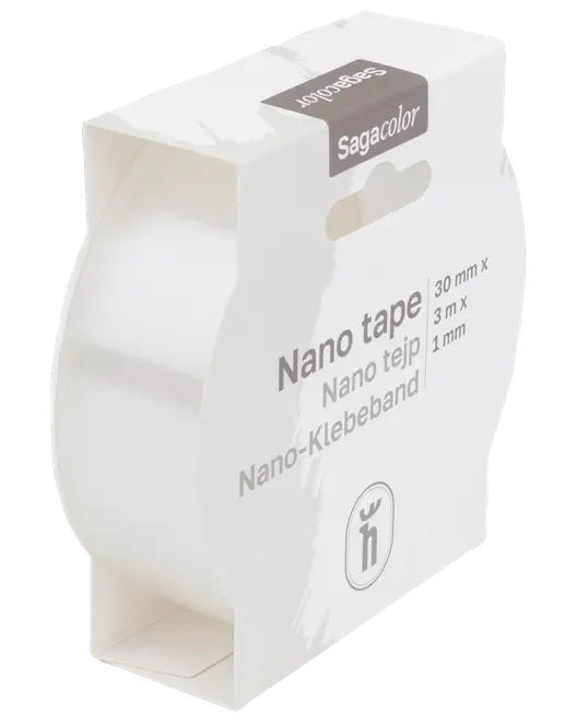 Vit Sagacolor nano-tejprulle i förpackning, märkt 30 mm x 3 m x 1 mm.