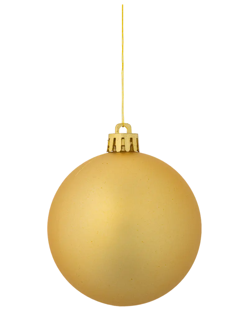 Matt guldfärgad julgranskula med slät yta, rund form och guldfärgat snöre. Perfekt för julgransdekoration. Enkel, elegant och lätt design.