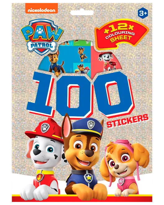 Paw Patrol klistermærkebog med 100 klistermærker og 12 farveark, viser Chase og Skye på glitrende forside, egnet til børn fra 3 år og opefter.