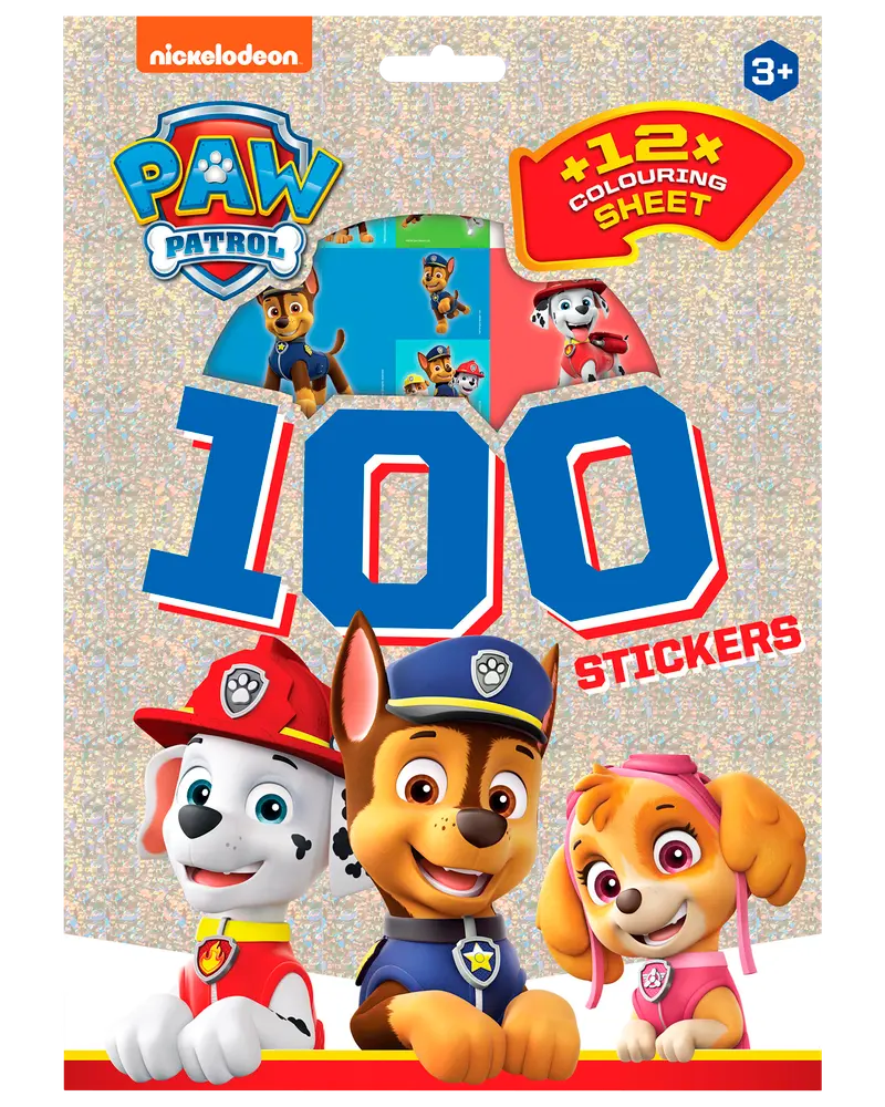 Paw Patrol klistermärkesbok med 100 klistermärken och 12 målarblad, visar Chase och Skye på glittrigt omslag, passar barn från 3 år.