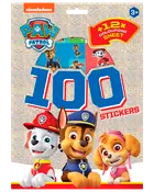Paw Patrol klistermærkebog med 100 klistermærker og 12 farveark, viser Chase og Skye på glitrende forside, egnet til børn fra 3 år og opefter.