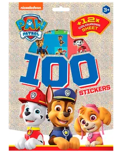 Paw Patrol klistermärkesbok med 100 klistermärken och 12 målarblad, visar Chase och Skye på glittrigt omslag, passar barn från 3 år.