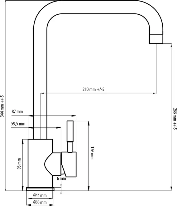 Teknisk ritning av köksblandare med mått: 344mm höjd, 210mm piputsprång, 266mm piphöjd, 50mm basdiameter, 126mm handtagshöjd. Modern, kantig design.