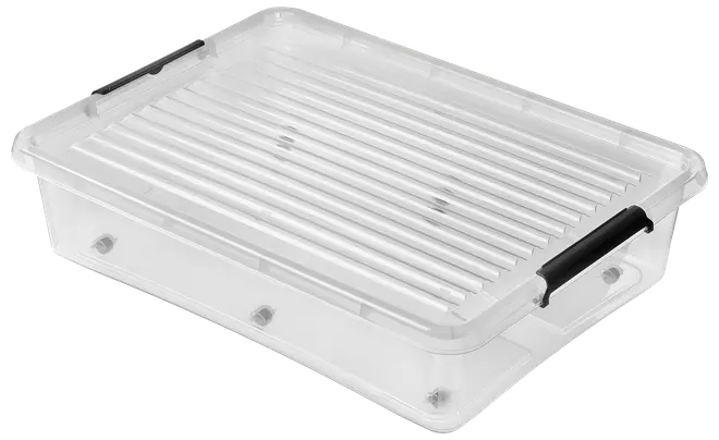 Genomskinlig plastförvaringslåda med rektangulär form, räfflat lock och två svarta låshandtag på sidorna. Perfekt för förvaring av olika saker.