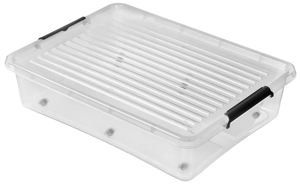 Gennemsigtig plastopbevaringsboks med rektangulær form, rillet låg og to sorte låsehåndtag på siderne. Perfekt til opbevaring af diverse ting.