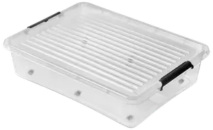 Gennemsigtig plastopbevaringsboks med rektangulær form, rillet låg og to sorte låsehåndtag på siderne. Perfekt til opbevaring af diverse ting.