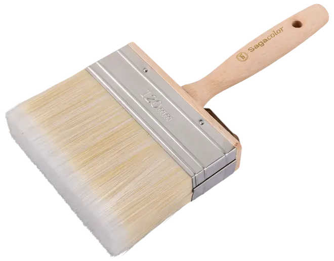 Bred malerpensel med lyse syntetiske børster, træhåndtag og metalbånd. Håndtaget har ophængshul og logo. Børsten er 120 mm bred, ideel til store flader.