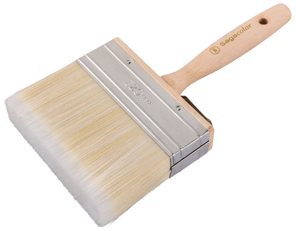 Bred malerpensel med lyse syntetiske børster, træhåndtag og metalbånd. Håndtaget har ophængshul og logo. Børsten er 120 mm bred, ideel til store flader.