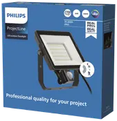 Philips ProjectLine LED udendørs projektør, 30W, 2700 lumen, 3000K varm hvid, IP65 vandtæt, med bevægelsessensor, sort metalhus, egnet til professionelle udendørsprojekter.