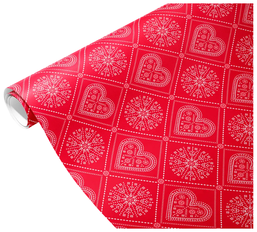 Rødt gavepapir med hvide hjerter og snefnug i et ternet mønster. Glansfuld overflade, perfekt til festlige lejligheder og indpakning af gaver.