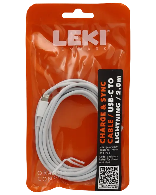 Hvid USB-C til Lightning oplade- og synkroniseringskabel, 2,0 meter langt, pakket i en orange LEKI Denmark pose. Velegnet til iPhone og iPad.