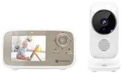 Motorola babyvakt med vit kamera och handhållen skärmenhet. Skärmen visar en baby, och enheten har navigeringsknappar och indikatorlampor.