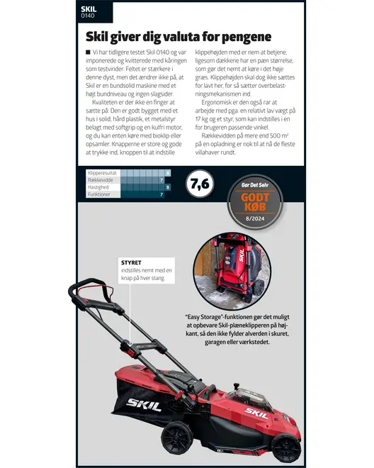 Rød og sort Skil plæneklipper med justerbart styr, store hjul og opsamlingsboks. Kan opbevares opretstående for pladsbesparende opbevaring i garage eller skur.