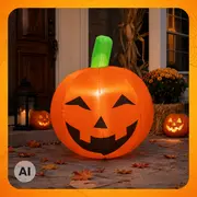 Stor oppustelig Halloween-græskardekoration med smilende jack-o'-lantern-ansigt, grøn stilk og orange overflade.