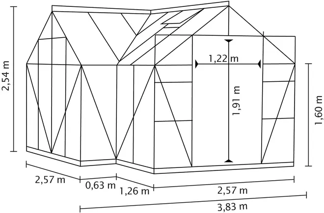 Linjeteckning av växthus med mått: 2,54 m höjd, 3,83 m bredd, 2,57 m djup, dörrstorlek 1,22 m bred och 1,91 m hög.