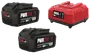 Sæt med to SKIL PWRCore 20V lithiumbatterier og en rød oplader. Batterier har ladeindikator og Keep Cool-teknologi. Opladeren har LED-statuslys.