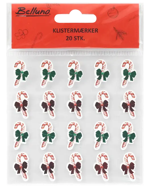 Ark med 20 klistermärken, röda och vita polkagrisar med gröna eller röda rosetter, julmotiv, passar till dekoration eller presentinslagning.
