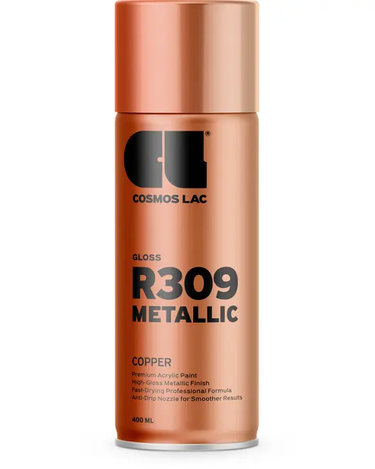 Kobberfarvet spraydåse, 400 ml, med højglans metallisk finish. Har anti-dryp dyse, hurtigtørrende professionel formel og premium akrylmaling for jævne resultater.