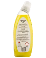 Gul 750 ml flaska Clean Action WC-rengöring med citrondoft, vinklad pip för enkel applicering, etikett med bruksanvisning, säkerhetsvarningar och ingredienslista på baksidan.