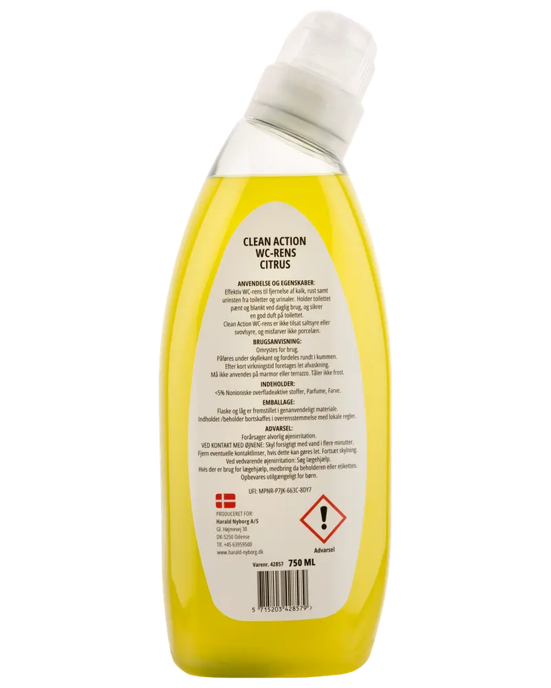 Gul 750 ml flaska Clean Action WC-rengöring med citrondoft, vinklad pip för enkel applicering, etikett med bruksanvisning, säkerhetsvarningar och ingredienslista på baksidan.