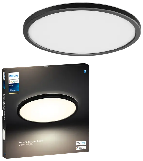 Rund, slank sort loftlampe med hvid diffuser. Smart LED, kompatibel med Alexa og Google Home. Leveres i Philips Hue-indpakning.