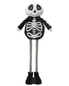Sort-hvid plysskeletdukke med kranieansigt, ribbenstryk, stribede ben og store sorte sko, perfekt som Halloween-dekoration.