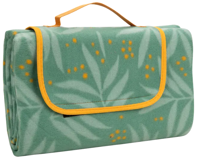 Sammenfoldeligt picnic-tæppe med grønt bladmønster og gule prikker, gul kant og bærehåndtag. Blødt fleece-materiale, kompakt og nemt at transportere og opbevare.
