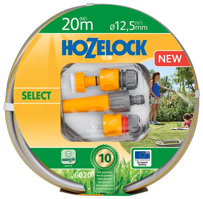 20 m haveslange med 12,5 mm diameter, inklusiv koblinger og sprøjtedyse. UV-resistent, 10 års garanti, velegnet til havevanding. Hozelock mærke, europæisk kvalitet.