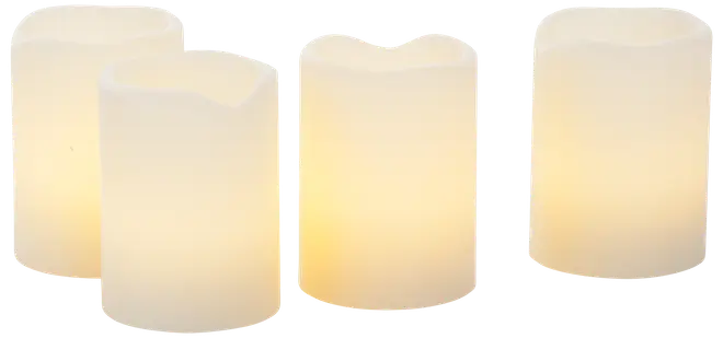 Fyra flamfria LED-ljus med realistisk vaxfinish, varmvit glöd och slät cylindrisk form. Säkert alternativ till vanliga ljus för hem eller fest.